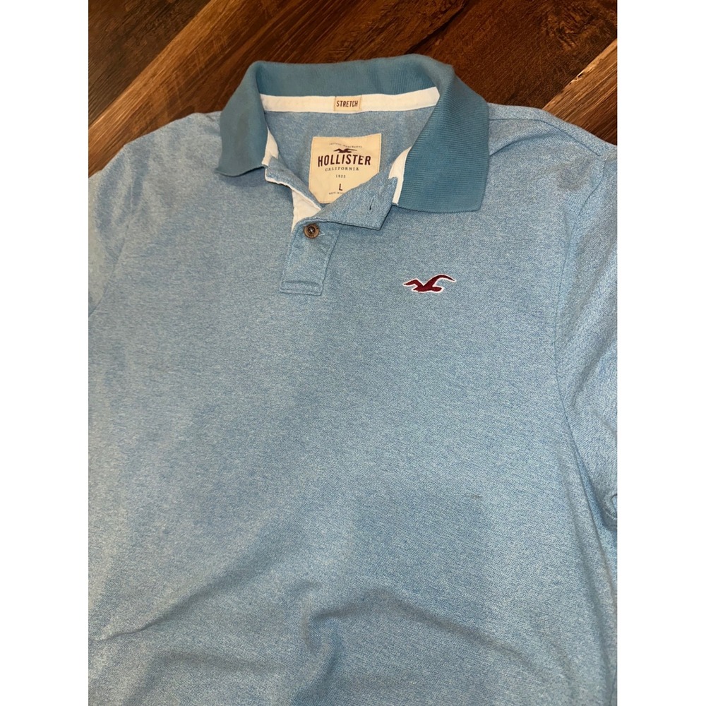 Hollister Mens Blue Stretch Short Sleeve Polo Shirt Large Heathered Seagull Logo